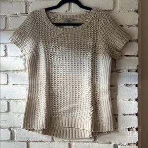 Waffle-Knit Short Sleeve Sweater Top - Cream 100% LAMBSWOOL crew neck sweater